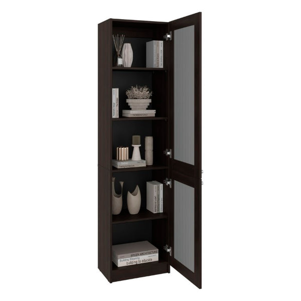 English Elm Milo Walnut Tall Glass Door Storage Cabinet Five Shelves Slim Minimalist Profile B128P485426