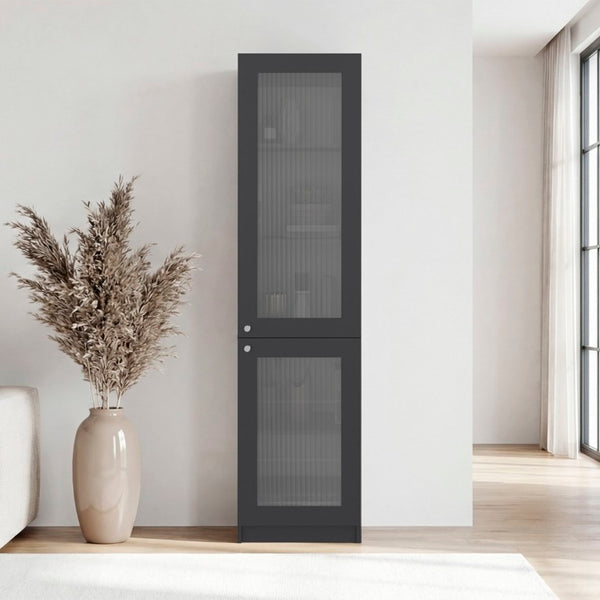 English Elm Milo Slim Glass Door Storage Cabinet Five Shelves Minimalist Matte Finish for Small Spaces B128P485427