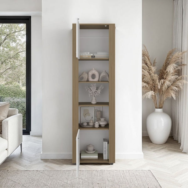 English Elm Fm Furniture Liora Tall Tower Cabinet Natural Oak White Finish for Slim Space Storage B128P485454