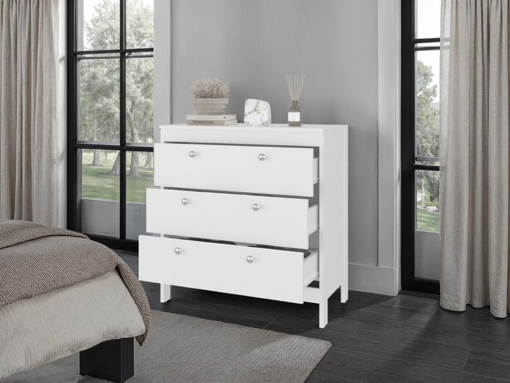 English Elm Fm Furniture Reti White Three Drawer Chest with Raised Base for Modern Bedroom Storage B128P485463