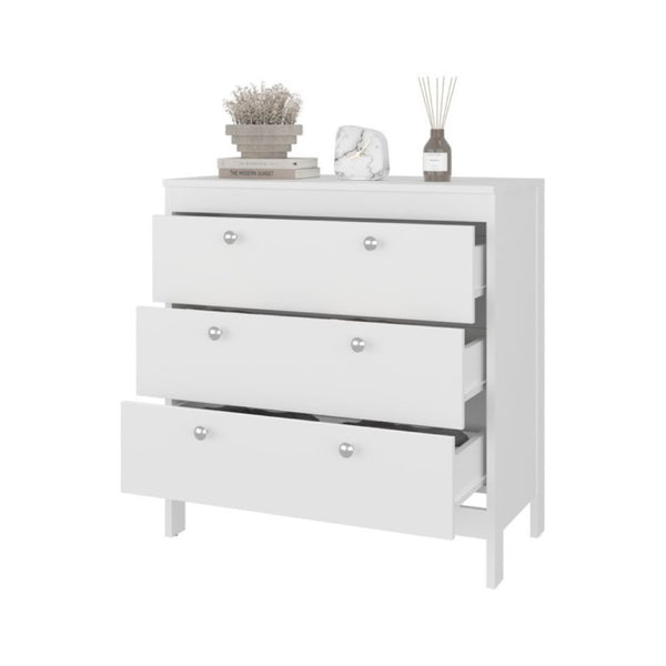 English Elm Fm Furniture Reti White Three Drawer Chest with Raised Base for Modern Bedroom Storage B128P485463