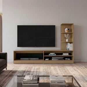 English Elm Belton Modern Media Console with Two Tone Oak Finish Open Shelving for Living Room B128P536564