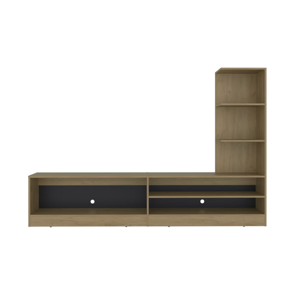 English Elm Belton Modern Media Console with Two Tone Oak Finish Open Shelving for Living Room B128P536564