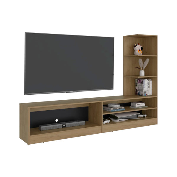 English Elm Belton Modern Media Console with Two Tone Oak Finish Open Shelving for Living Room B128P536564