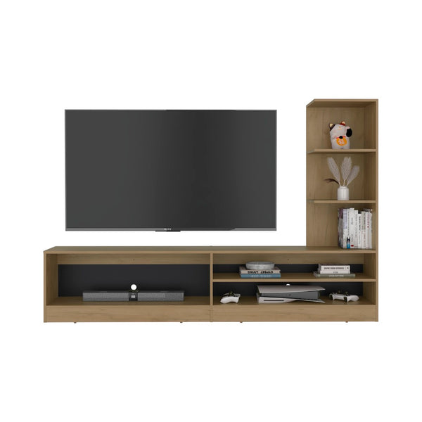 English Elm Belton Modern Media Console with Two Tone Oak Finish Open Shelving for Living Room B128P536564
