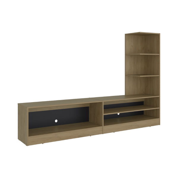 English Elm Belton Modern Media Console with Two Tone Oak Finish Open Shelving for Living Room B128P536564