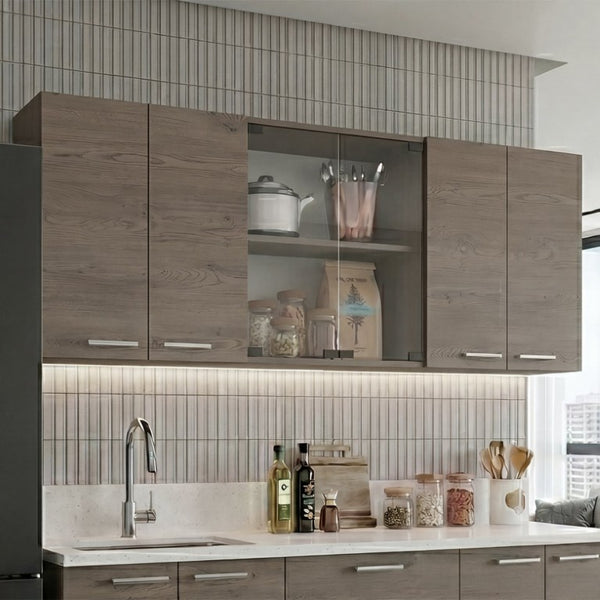 English Elm Verona Glass Door Wall Cabinet with Dish Rack Warm Finish for Kitchen Pantry Ivory B128P576371