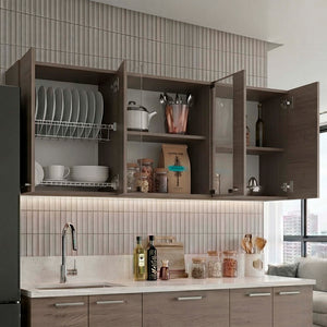 English Elm Verona Glass Door Wall Cabinet with Dish Rack Warm Finish for Kitchen Pantry Ivory B128P576371