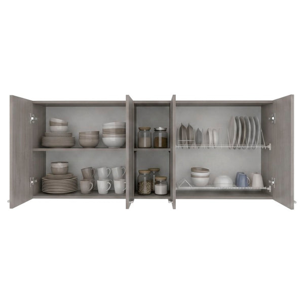 English Elm Verona Glass Door Wall Cabinet with Dish Rack Warm Finish for Kitchen Pantry Walnut B128P576374