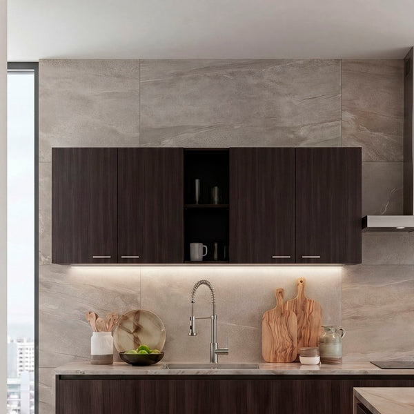 English Elm Milano Walnut Wall Cabinet with Open Shelves and Built in Dish Rack for Kitchens B128P576376