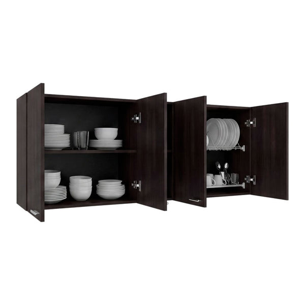 English Elm Milano Walnut Wall Cabinet with Open Shelves and Built in Dish Rack for Kitchens B128P576376