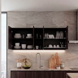 English Elm Milano Walnut Wall Cabinet with Open Shelves and Built in Dish Rack for Kitchens B128P576376