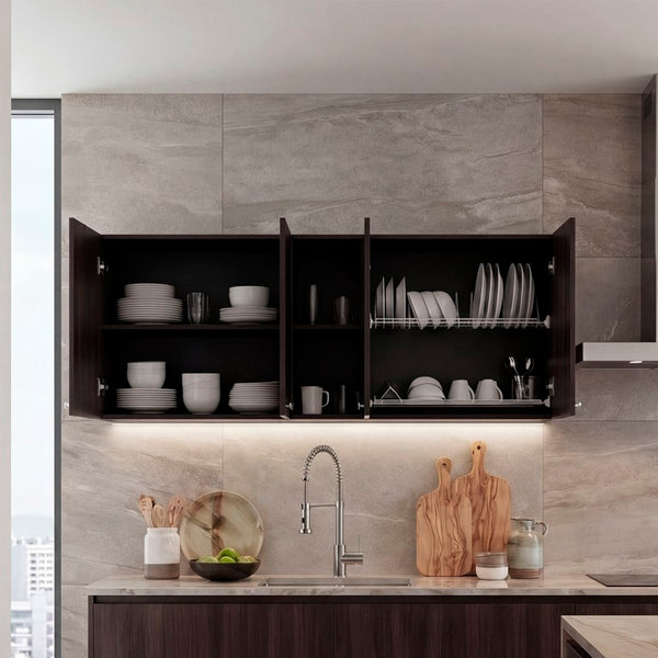 English Elm Milano Walnut Wall Cabinet with Open Shelves and Built in Dish Rack for Kitchens B128P576376