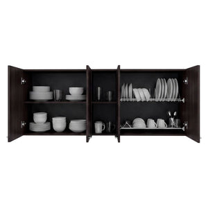 English Elm Milano Walnut Wall Cabinet with Open Shelves and Built in Dish Rack for Kitchens B128P576376