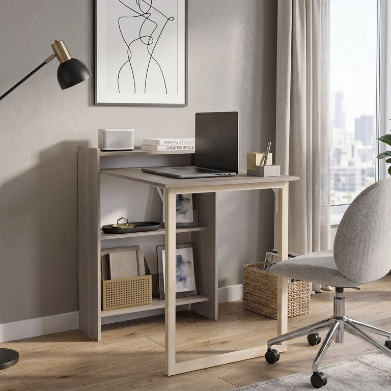 English Elm Denver Wall Mounted Folding Desk Slim Retractable Workstation for Studio Apartments Oak B128P576380