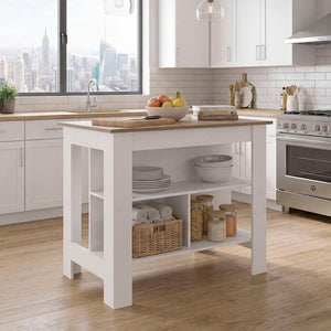 English Elm Aztec Modern Kitchen Island with Open Shelves Melamine Worktop Two-Tone Oak Finish B128P576383