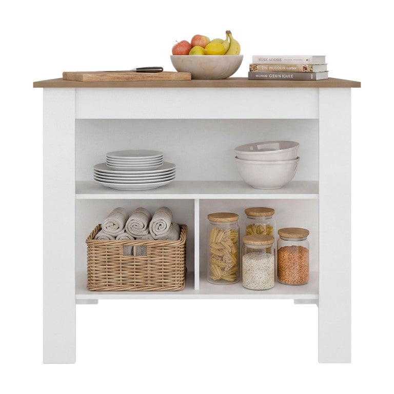 English Elm Aztec Modern Kitchen Island with Open Shelves Melamine Worktop Two-Tone Oak Finish B128P576383