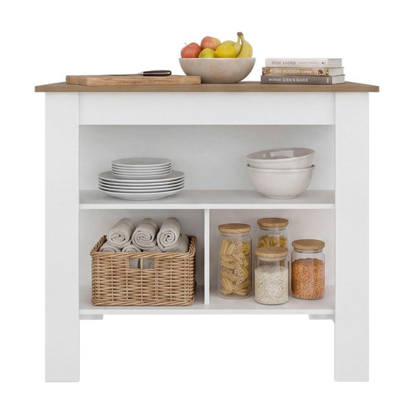 English Elm Aztec Modern Kitchen Island with Open Shelves Melamine Worktop Two-Tone Oak Finish B128P576383