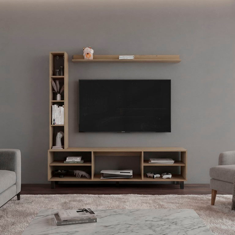 English Elm Scio Low Profile Oak TV Console with Open Shelves for Living Room Displays B128P588405