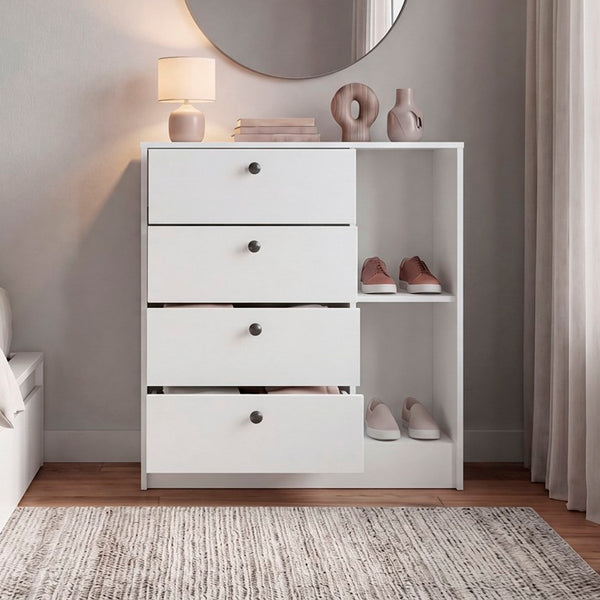 English Elm Carter Four Drawer Bedside Nightstand with Open Shelving for Modern Bedroom Storage White B128P611022