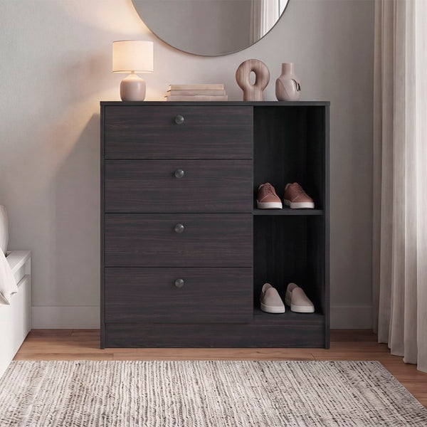 English Elm Carter Four Drawer Bedside Nightstand with Open Shelving for Modern Bedroom Storage Wenge B128P611023