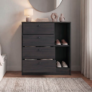 English Elm Carter Four Drawer Bedside Nightstand with Open Shelving for Modern Bedroom Storage Wenge B128P611023
