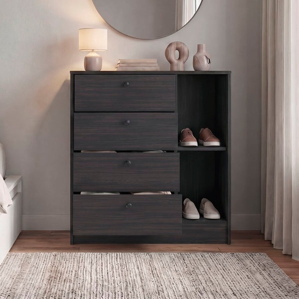 English Elm Carter Four Drawer Bedside Nightstand with Open Shelving for Modern Bedroom Storage Wenge B128P611023