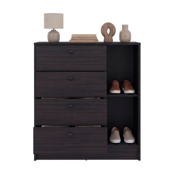 English Elm Carter Four Drawer Bedside Nightstand with Open Shelving for Modern Bedroom Storage Wenge B128P611023