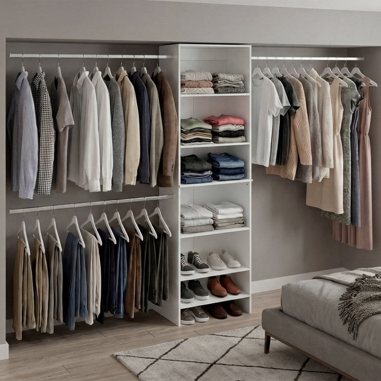 English Elm Nolan Floor to Ceiling Closet Organizer with Open Shelves and Dual Hanging Rods B128P611024