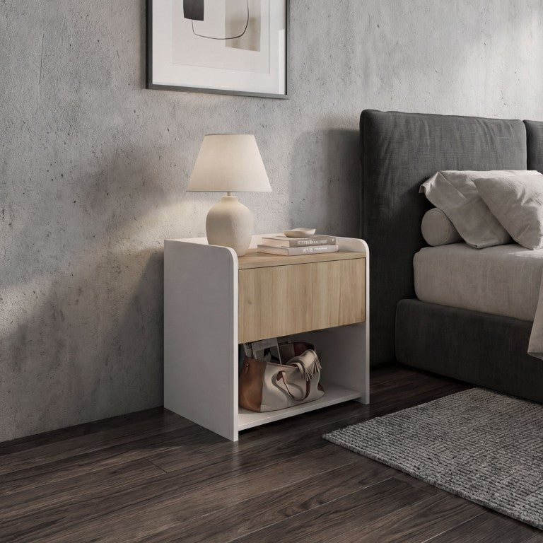 English Elm Portland Two-Tone Oak and White Nightstand with Drawer Open Shelf Bedroom Storage B128P611030