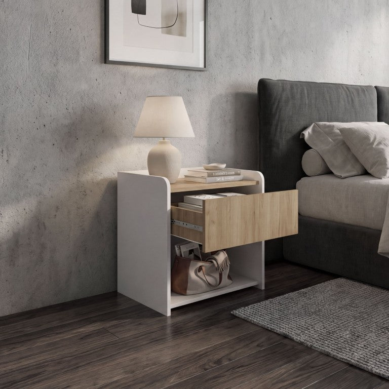English Elm Portland Two-Tone Oak and White Nightstand with Drawer Open Shelf Bedroom Storage B128P611030