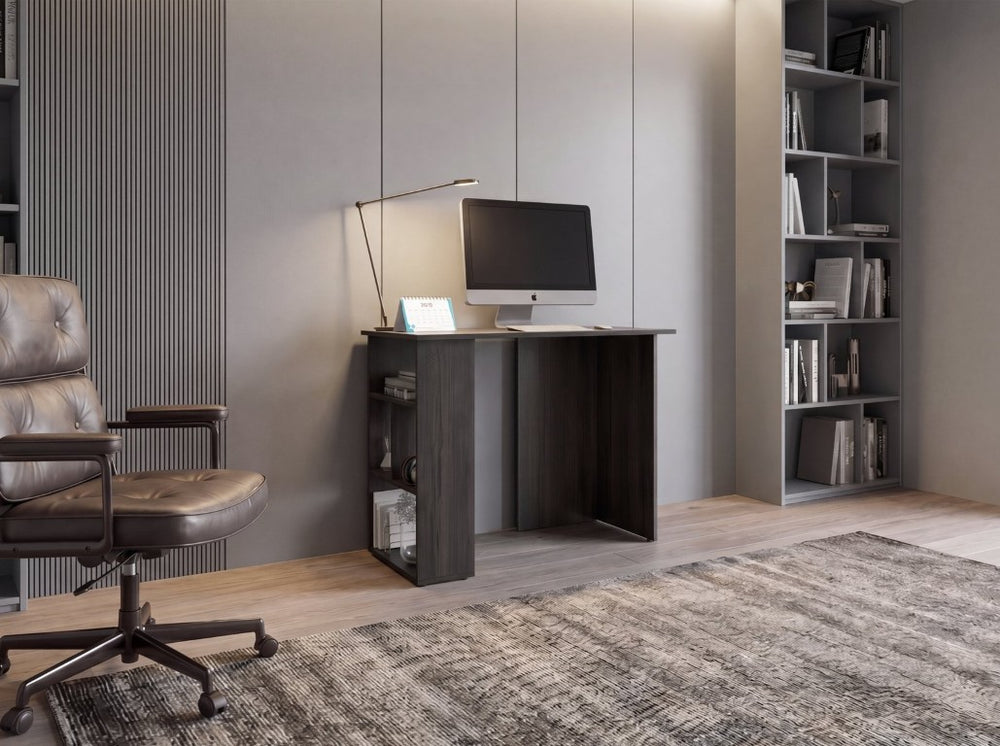 English Elm Boulder Compact Writing Desk with Integrated Bookcase Shelves in Warm Walnut Finish B128P611036