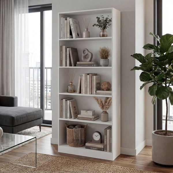 English Elm Mason Five Shelf Tall Bookcase Slim White Modern Design for Living Room or Office White B128P611042