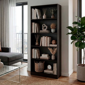 English Elm Mason Five Shelf Tall Bookcase Slim White Modern Design for Living Room or Office Wenge B128P611043