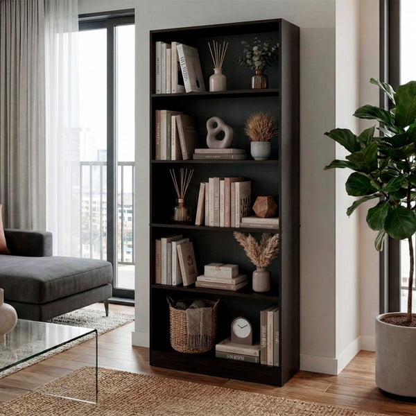 English Elm Mason Five Shelf Tall Bookcase Slim White Modern Design for Living Room or Office Wenge B128P611043