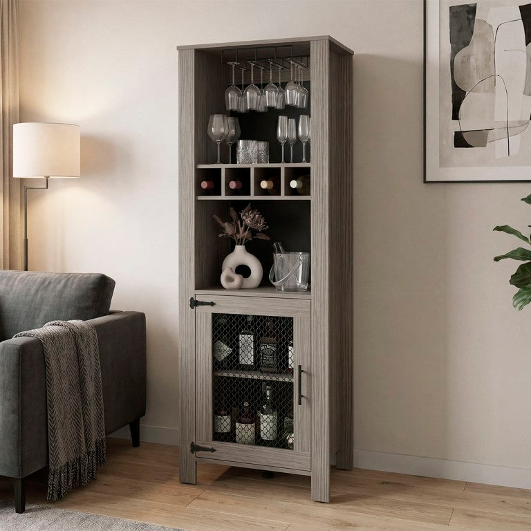 English Elm Westmont Slim Tower Bar Cabinet with Stemware Rack and Tiered Shelving for Entertaining B128P611055