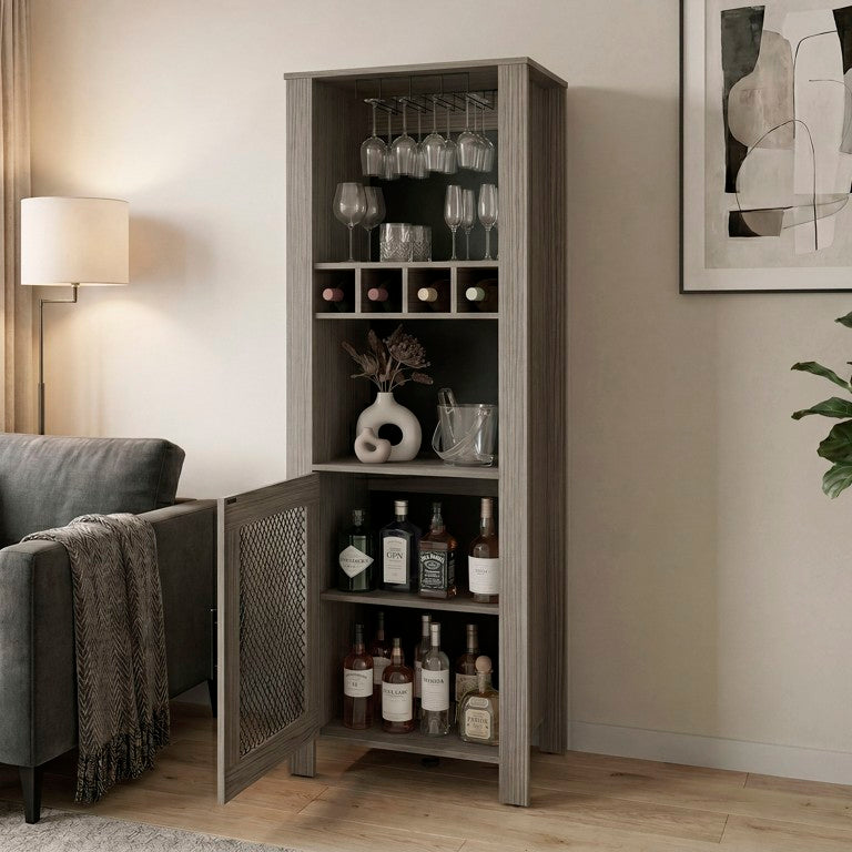 English Elm Westmont Slim Tower Bar Cabinet with Stemware Rack and Tiered Shelving for Entertaining B128P611055