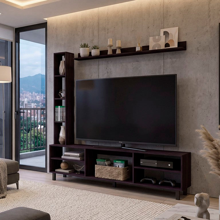 English Elm Scio Contemporary Media Console with Open Shelving Wenge Finish Fits 65 Inch TVs B128P611065