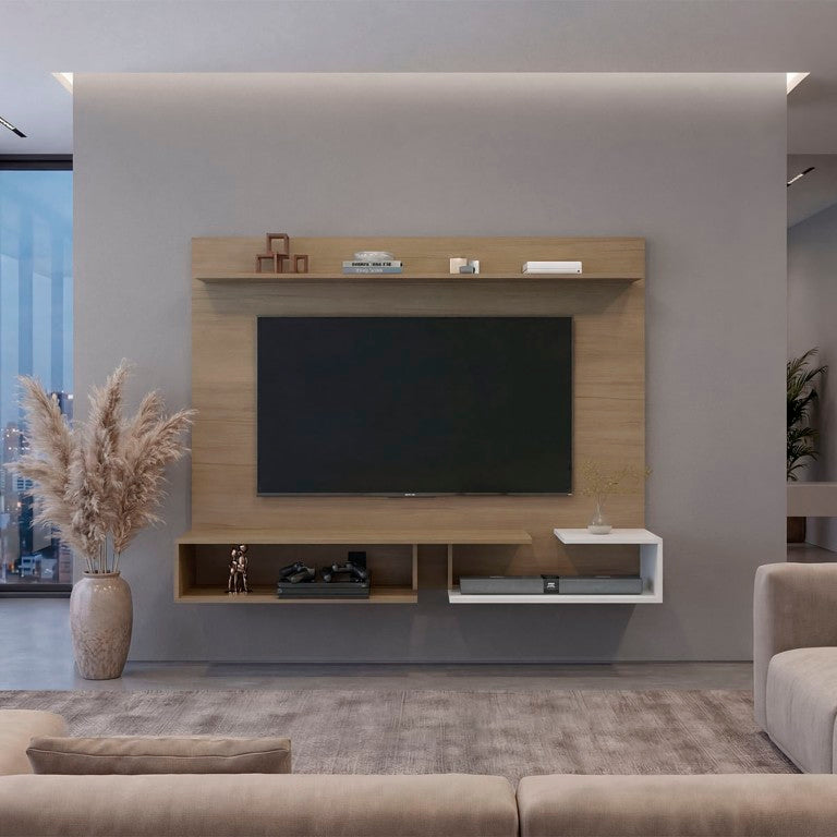 English Elm Colorado Wall Mounted Entertainment Center with Floating Console and Oak Display Shelves Natural Oak B128P611066