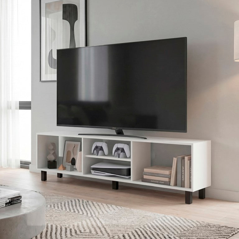 English Elm Malibu Modern Low Profile Media Console with Open Shelves for Living Room Televisions White B128P611068