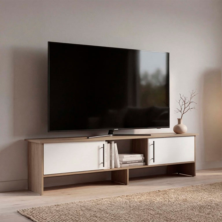 English Elm Monterey Low Profile Media Console with Open Shelving and Cabinet Storage for Living Room Multi B128P611071