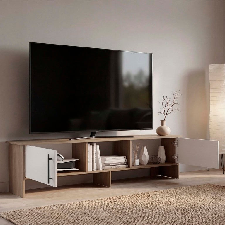 English Elm Monterey Low Profile Media Console with Open Shelving and Cabinet Storage for Living Room Multi B128P611071