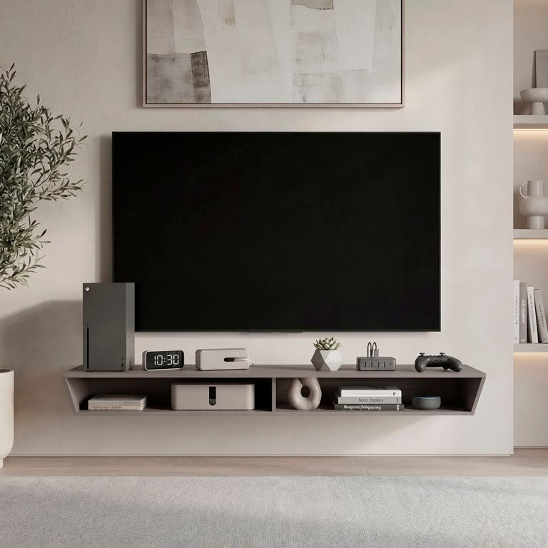 English Elm Nashville Wall Mounted Floating TV Stand with Open Shelves for Modern Living Rooms Gray Wash B128P611077