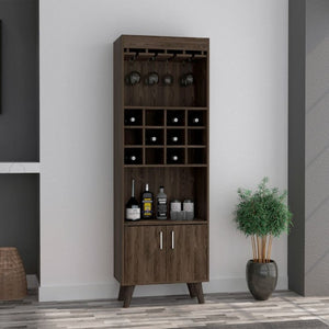 English Elm Edessa Tall Narrow Bar Cabinet with Wine Rack Open Shelving and Concealed Storage B128S00151