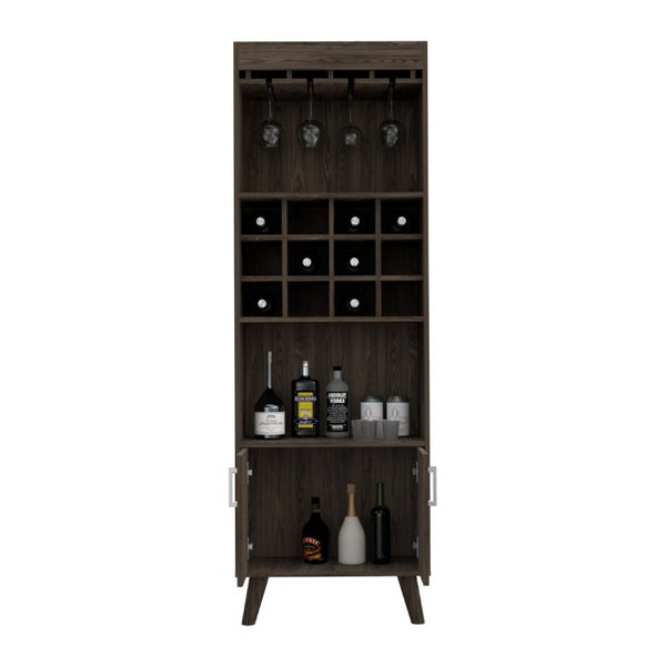 English Elm Edessa Tall Narrow Bar Cabinet with Wine Rack Open Shelving and Concealed Storage B128S00151