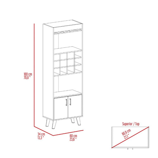 English Elm Edessa Tall Narrow Bar Cabinet with Wine Rack Open Shelving and Concealed Storage B128S00151