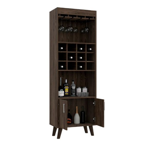 English Elm Edessa Tall Narrow Bar Cabinet with Wine Rack Open Shelving and Concealed Storage B128S00151