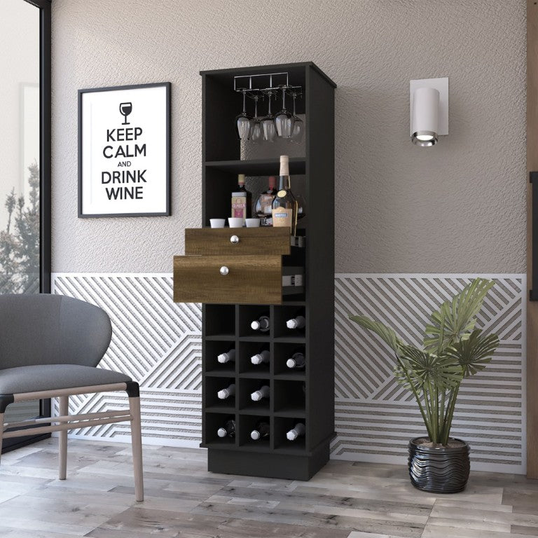 English Elm Hype Vertical Bar Cabinet Twelve Bottle Wine Rack Drawers Glassware Storage B128S00152