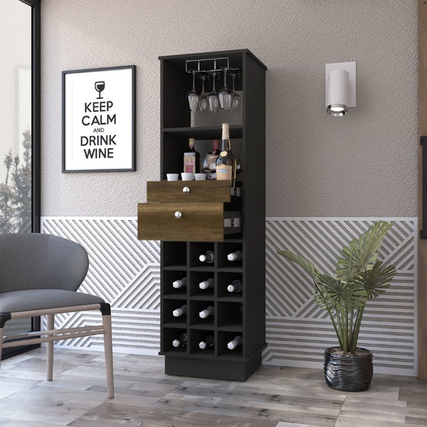 English Elm Hype Vertical Bar Cabinet Twelve Bottle Wine Rack Drawers Glassware Storage B128S00152
