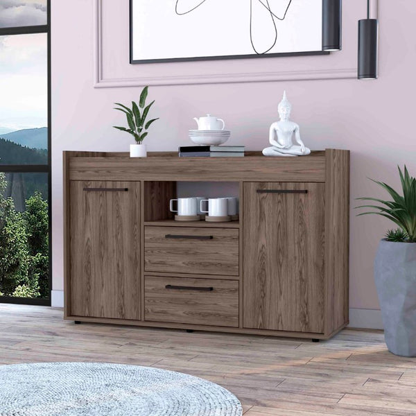 English Elm Ilumina Low Profile Sideboard with Dual Doors Two Drawers and Open Display Shelf B128S00153